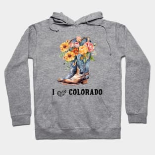 I Love Colorado Boho Cowboy Boots with Flowers Watercolor Art Hoodie